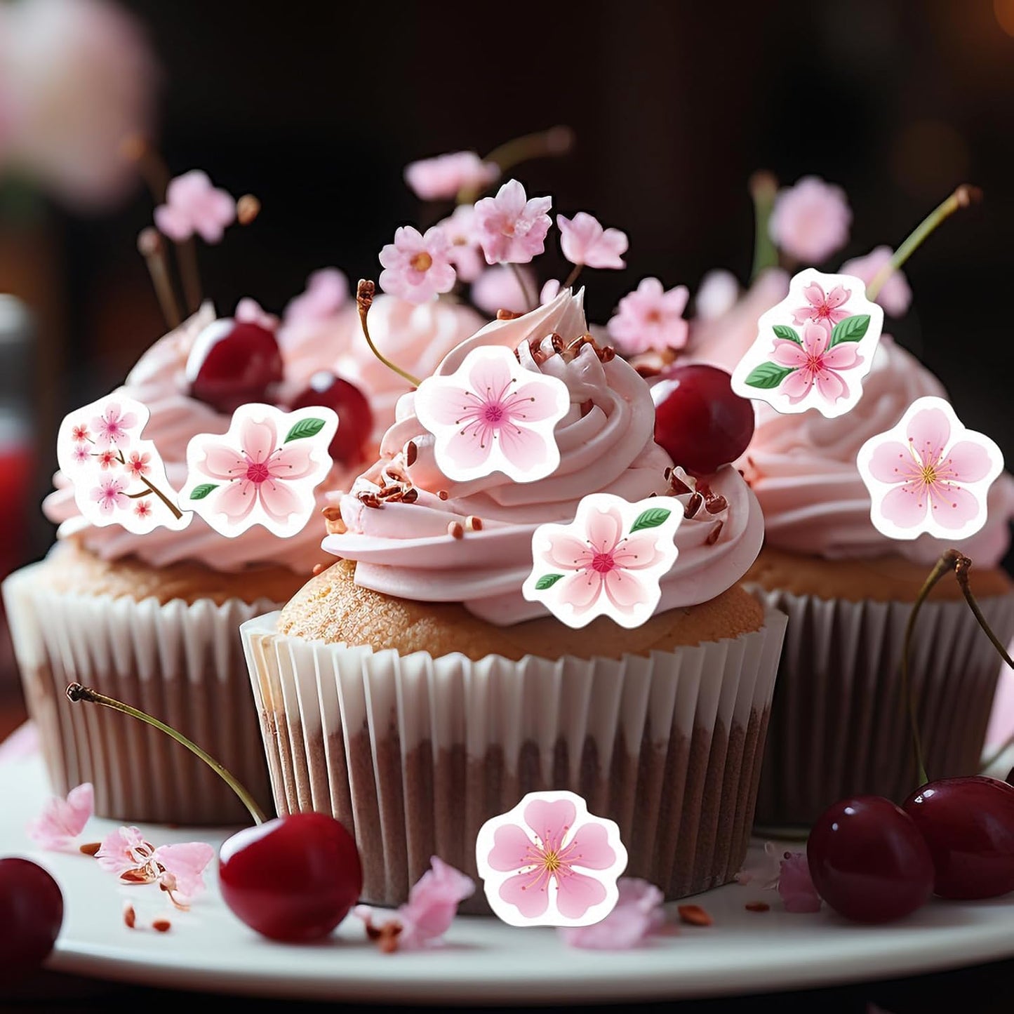 48PCS Edible Cherry Blossoms Cupcake Toppers Pink Edible Cherry Flowers Cake Decorations Wafer Paper Flowers Cupcake Topper for Flowers Theme Baby Shower Birthday Party Decor Supplies