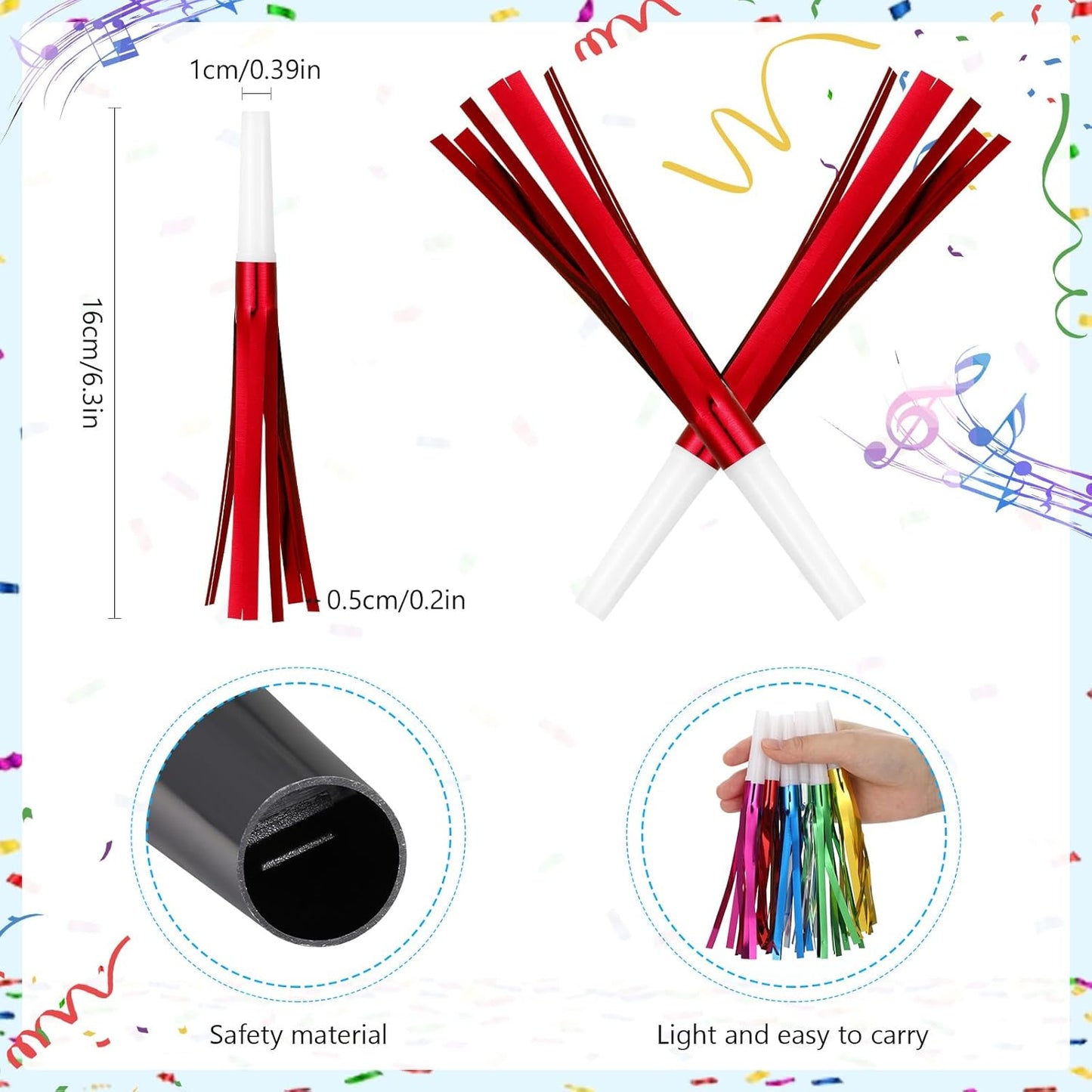 Metallic Fringed Noise Makers, for Noise Makers Party Favors, New Year Party, Baby Shower, Kids Birthday, 24 Pcs, Red