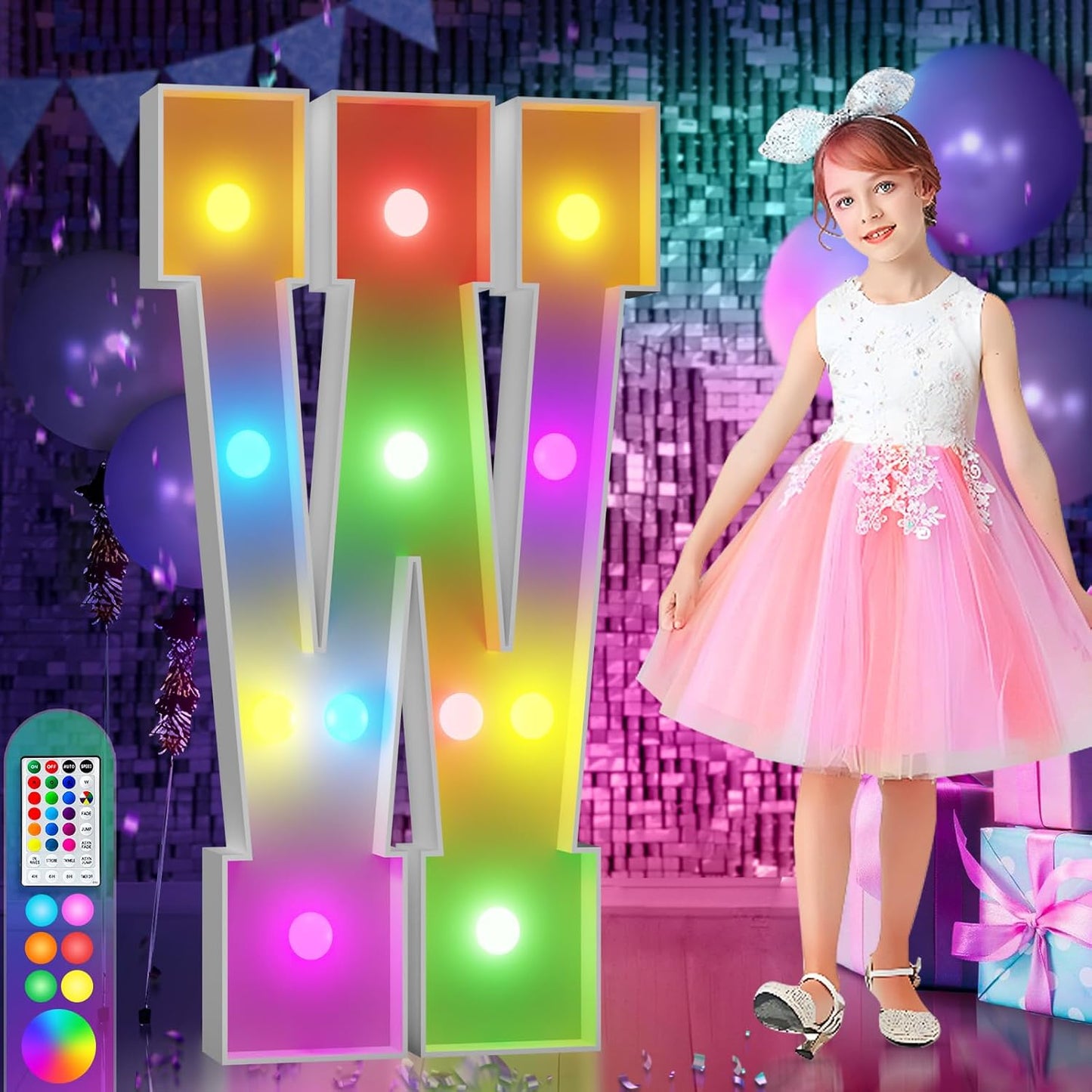 imprsv 4FT Colorful Marquee Light Up Letters W, 18 Colors Light Up Sign Alphabet Sign with Remote, One Letters First Birthday, Large Letters for Birthday Engagement Anniversary Wedding Party Decor