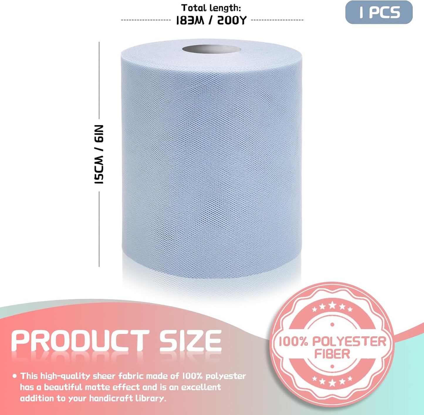 6" x 200 Yards Dusty Blue Tulle Fabric Rolls, Blue Spool Tulle Ribbon for DIY Tutu Skirt Wedding Decoration Baby Shower Birthday Party Backdrop Gift Wrapping Bow Craft Supplies