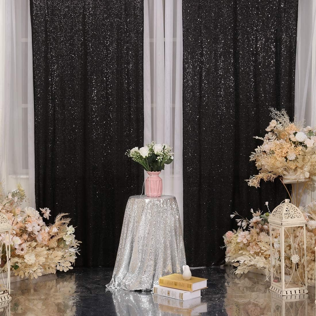 Juya Delight Black Sequin Backdrop Curtain,4PCS 2FTx8ft Glitter Backdrop Curtain for Party,Birthday,Christmas Wedding Decoration