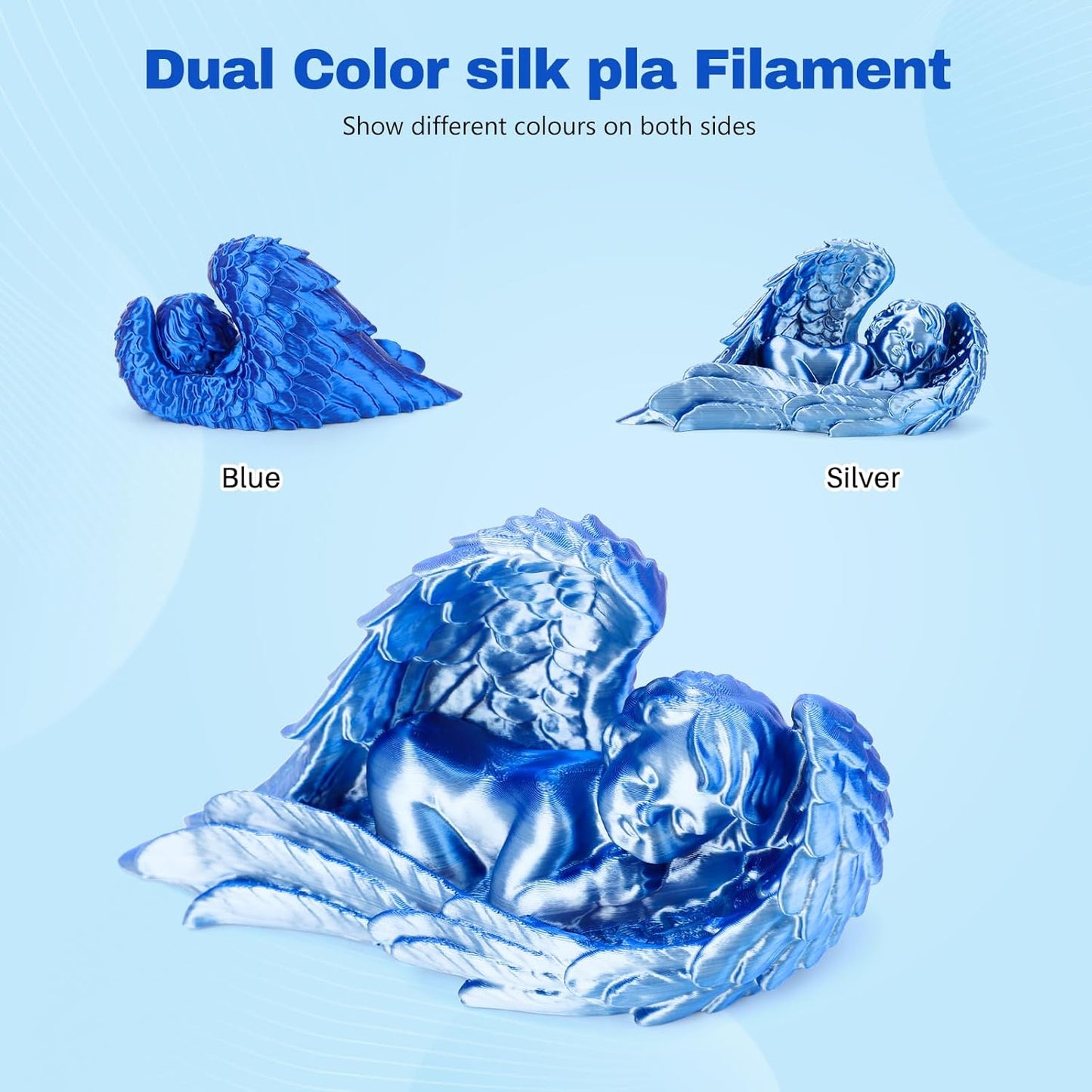 Silk PLA Filament 1.75mm Blue Silver Dual Color PLA 3D Printer Filament 2 in 1 Coextrusion 1KG Spool(2.2lbs) 3D Printing Filament Dimensional Accuracy +/- 0.03mm Fits for Most FDM 3D Printers