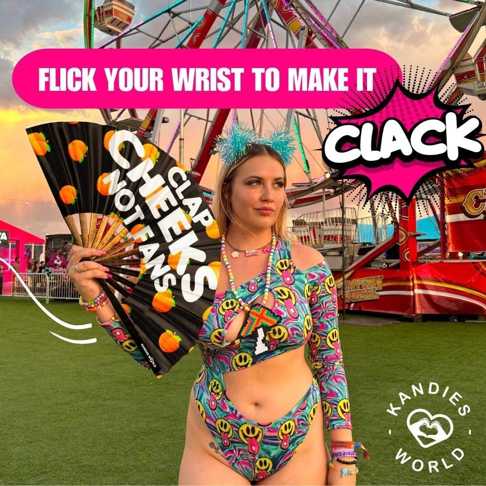 Kandies World UV Reactive Custom Festival Folding Hand Fan - Unique Designs, Bamboo, Clacking Sound, Lightweight - Perfect Rave and Festival Accessory! (Clap cheeks not fan)