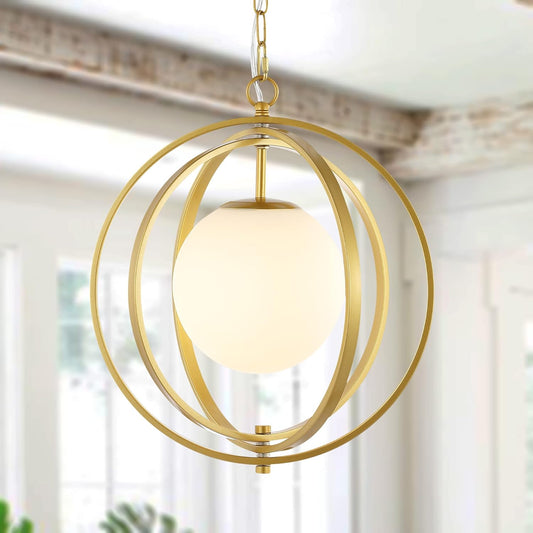 Gold Orb Chandelier 1 Light Globe Pendant Light Fixtures with White Globe Glass Lampshade Hanging Ceiling Light for Dining & Living Room, Bedroom, Foyer and Kitchen Island