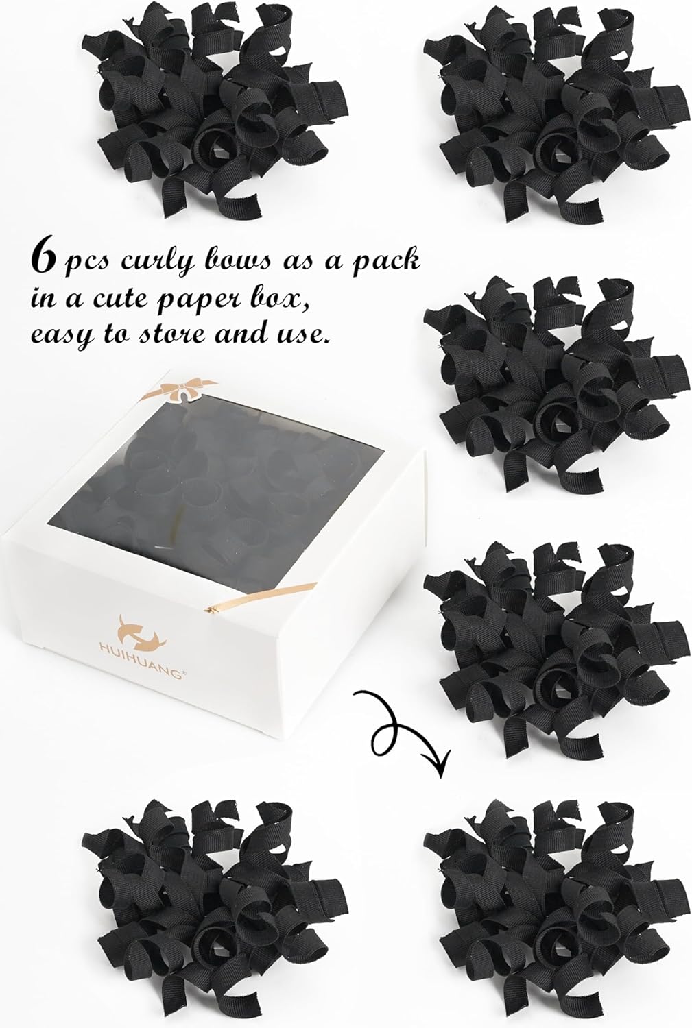 HUIHUANG Black Bows for Gift Wrapping, Black Curly Ribbon Bows Self Adhesive Burst Gift Bow for Christmas Presents, Wine Bottle, Treat Bags, Birthday, Holiday Party Favors - 6 Counts