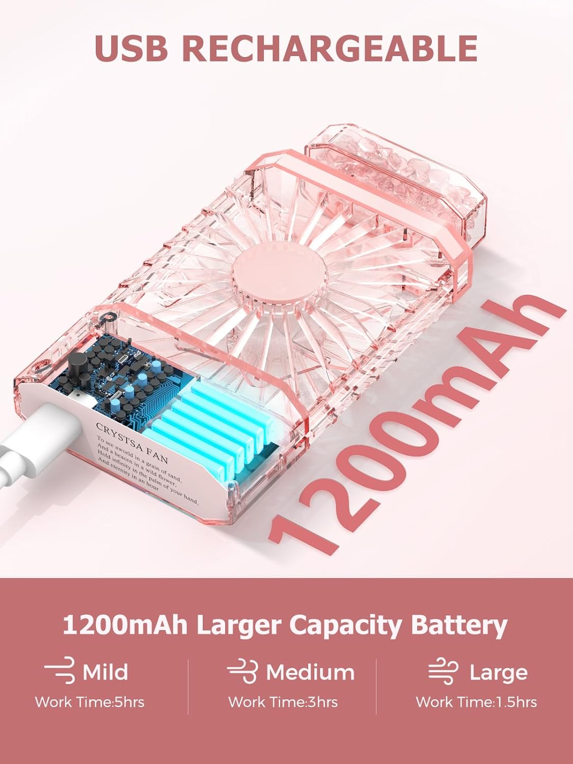 Lady Handheld Fans, Rechargeable Small Personal Fan with 3 Speeds Setting, Powerful Quiet Pull-out Portable Fan, Cooling Electric Fan for Girls Woman Office School Working Home - Pink