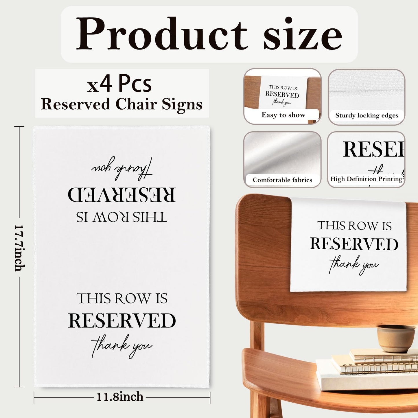 Reserved Seating Chair Signs, This Row Is Reserved Pew Cloths Seating Placeholder for Church Pews, Wedding Decorations for Reception Parties Celebrations Event Meetings (White, 4 PCS)