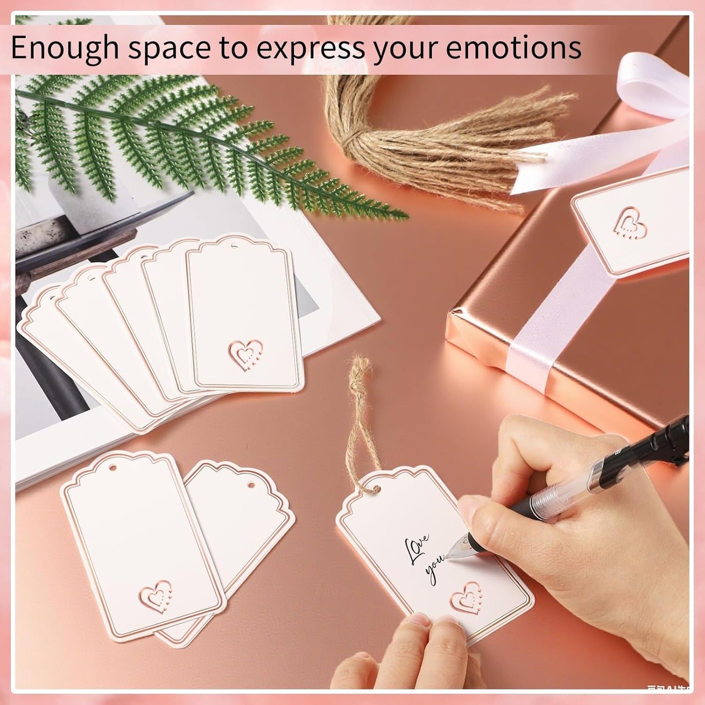 120 PCS Gift Tags with String Attached Foil Rose Gold Heart Paper Tags Writable Blank Tag for Gift Bags Wedding Baby Shower Birthday Presents Labeling DIY Craft Project Stocking Stuffers 3.5''×2''