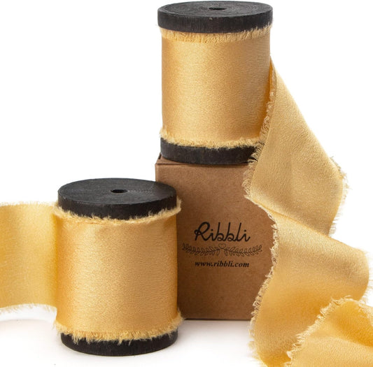 Ribbli Gold Silk Satin Ribbon 1.5 Inch x 12 Yard Handmade Frayed Chiffon Ribbon with Wooden Spool for Gift Wrapping, Wedding Invitations, Bridal Bouquets, Home Decor