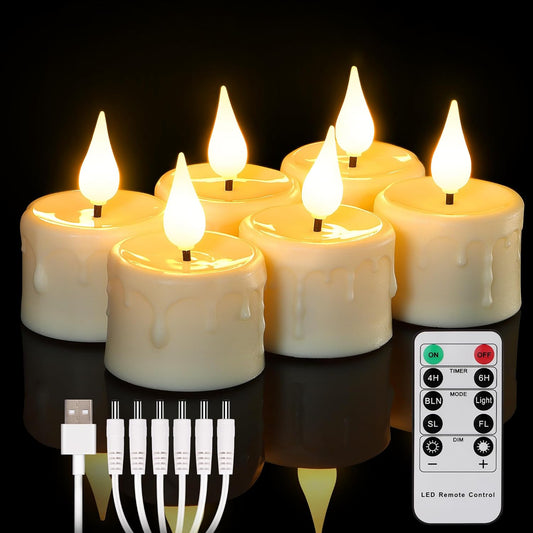FREEPOWER Rechargeable Flameless Tea Lights with Remote Timer, Soft 3D Wick LED Tealights Candles Battery Operated, Rechargeable Candles Flickering Realistic for Home Decor Up to 40 Hours,6 Pack