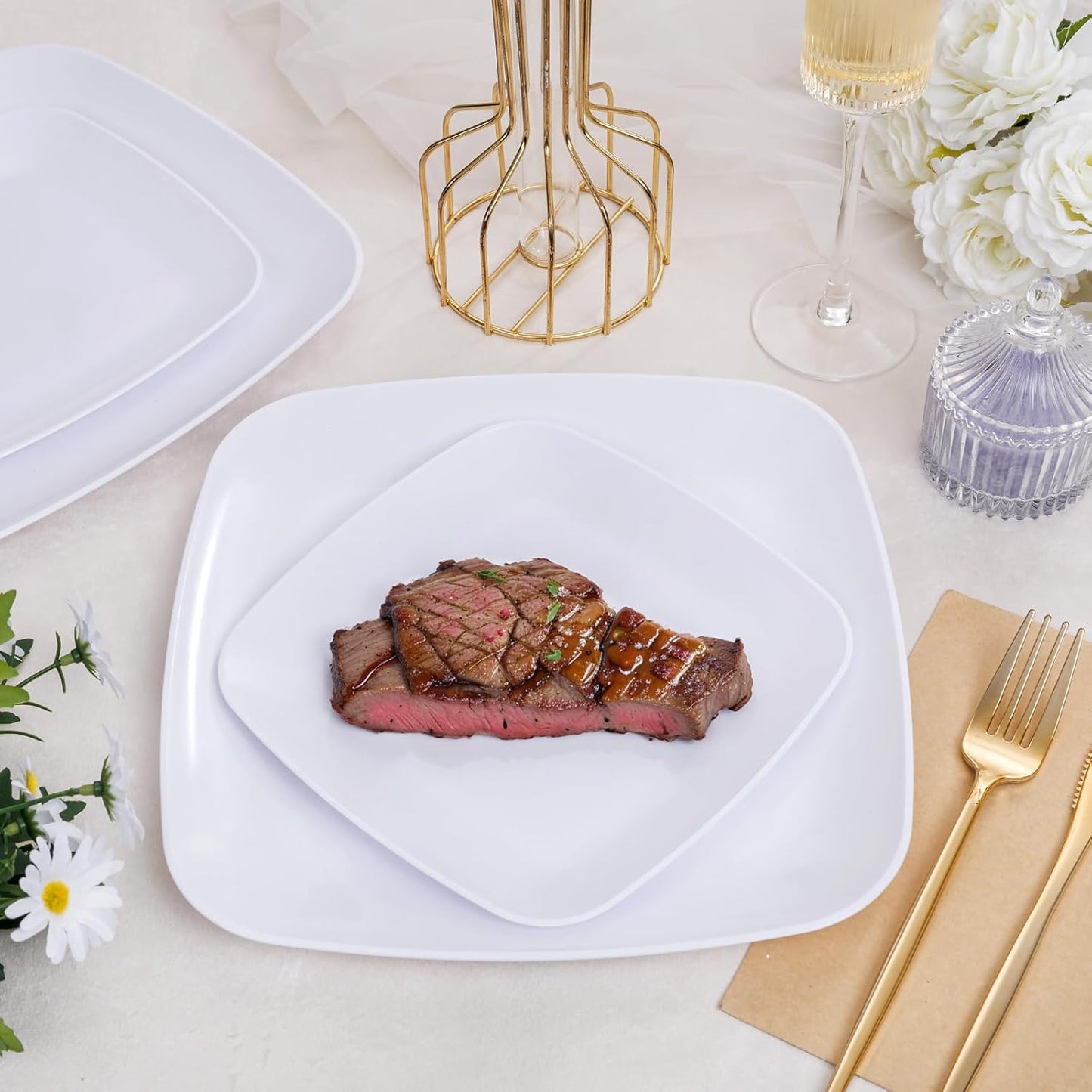 PULOTE 60PCS White Square Plastic Plates Disposable - Heavy Duty Party Plates Include 30 Dinner Plates,30 Dessert Plates for Parties&Weddings