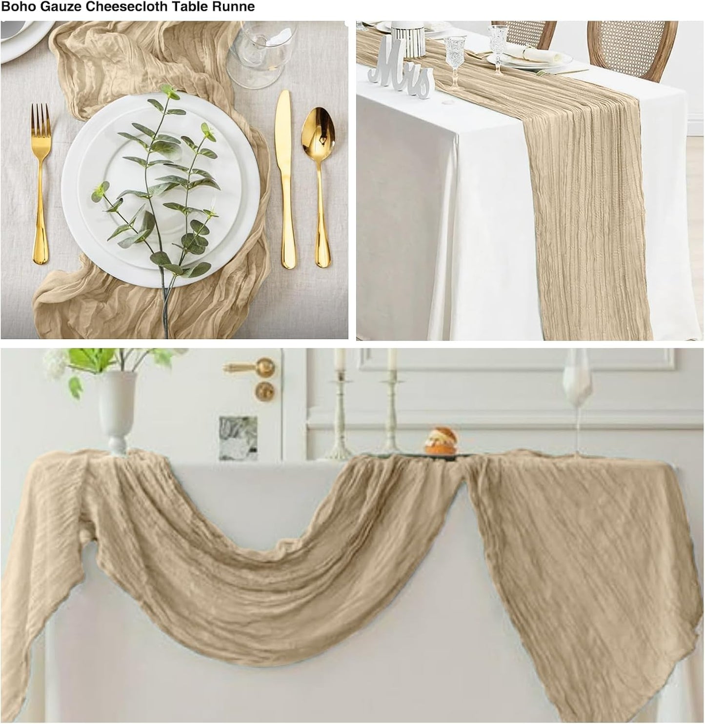 20 Pack Beige Cheesecloth Table Runner 17x108 Inch Boho Wrinkled Sheer Gauze Cheese Cloth Table Runner Bulk Decor for Wedding, Bridal Shower, Birthday Party