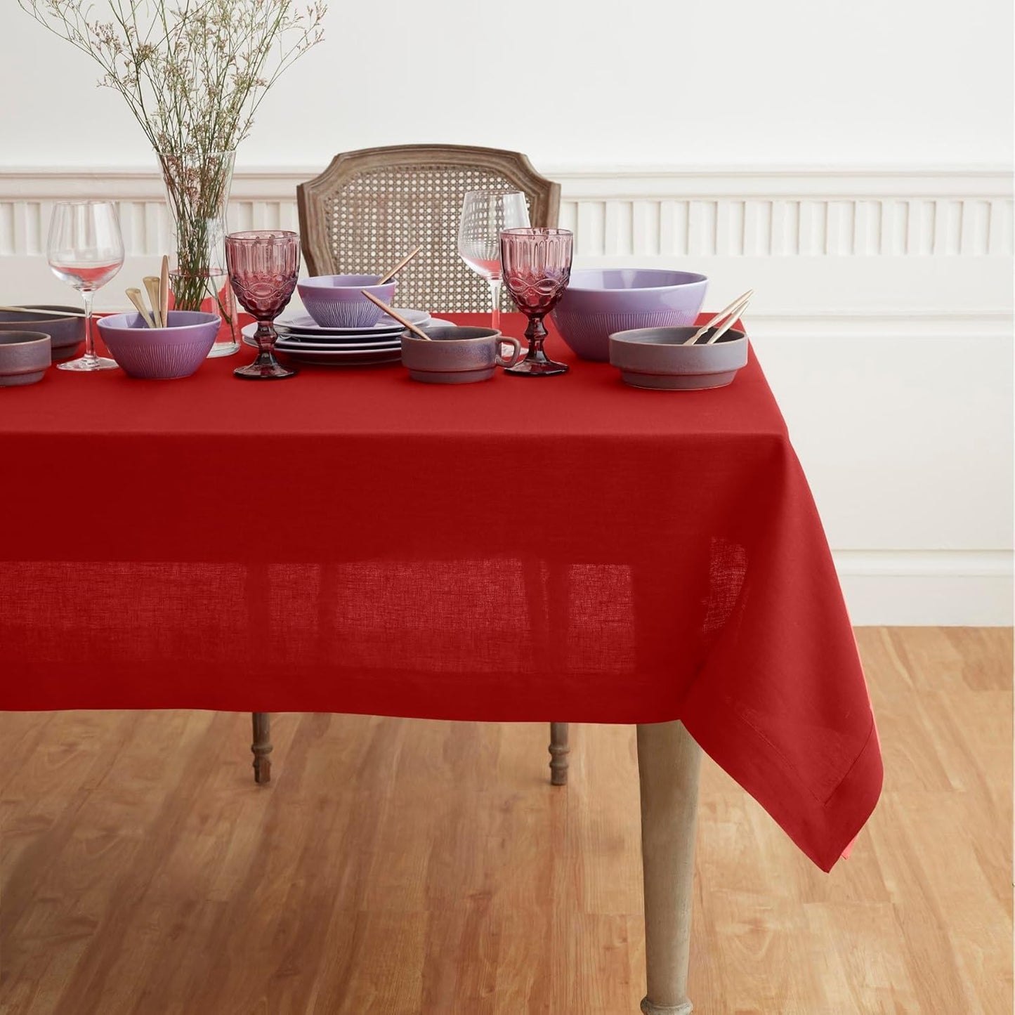Solino Home Linen Red Tablecloth 60 x 156 Inch - 100% Pure Linen Rectangular Tablecloth - Machine Washable Table Cloth for Christmas, Fall, Autumn - Fete