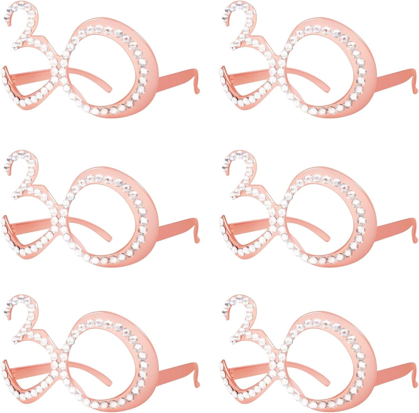 30th Birthday Glasses - 6 Pairs Rose Gold 30 Years Old Glasses with Rhinestones Frame, Funny Plastic Costume Photo Booth Props for 30th Anniversary Party Decorations