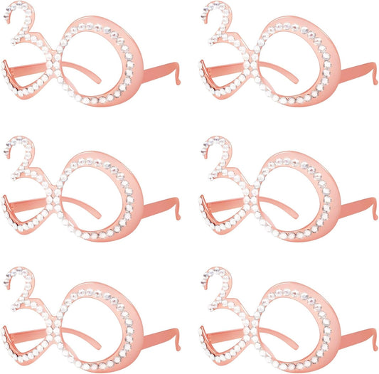 30th Birthday Glasses - 6 Pairs Rose Gold 30 Years Old Glasses with Rhinestones Frame, Funny Plastic Costume Photo Booth Props for 30th Anniversary Party Decorations