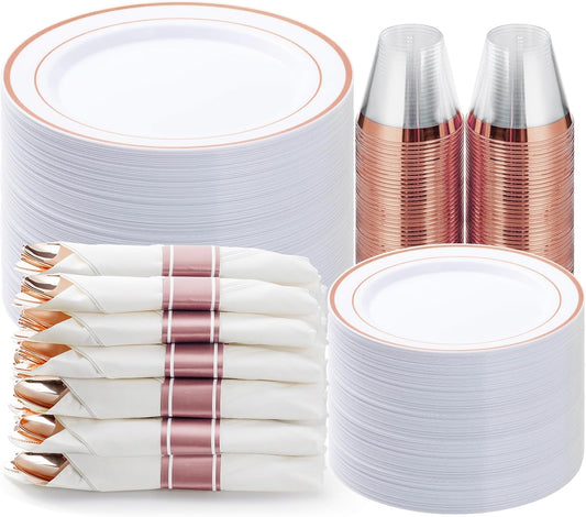 BESTVIP 350PCS Rose Gold Plastic Dinnerware Set, Disposable Party Plates for 50 Guests, Include: 100 Plastic Plates, 50 Pre Rolled Napkins with Rose Gold Silverware, 50 Cups for Christmas, Halloween