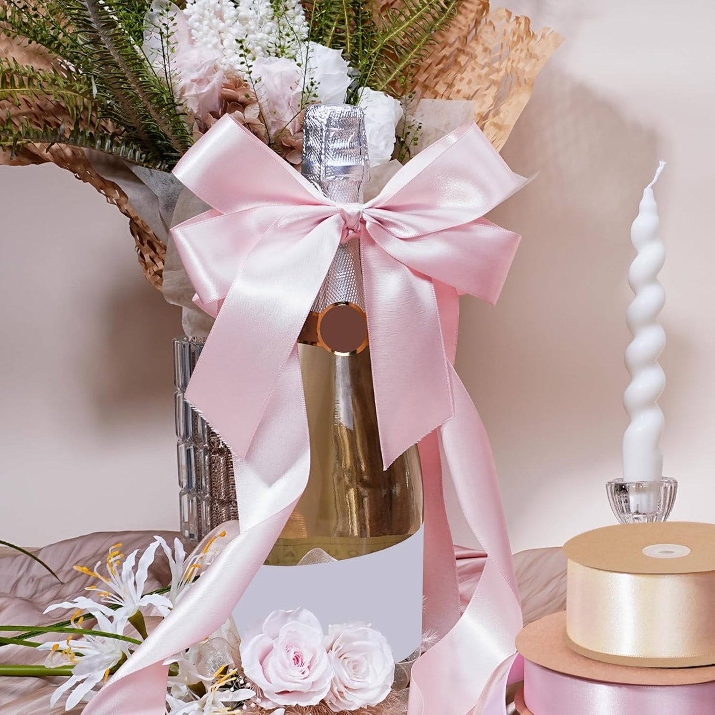 LaRibbons Pink Satin Ribbon 1 1/2 Inch 25 Yards Double Faced Light Pink Silk Ribbon for Flower Bouquet Crafts Gift Wrapping Wedding Party Babyshower Decoration