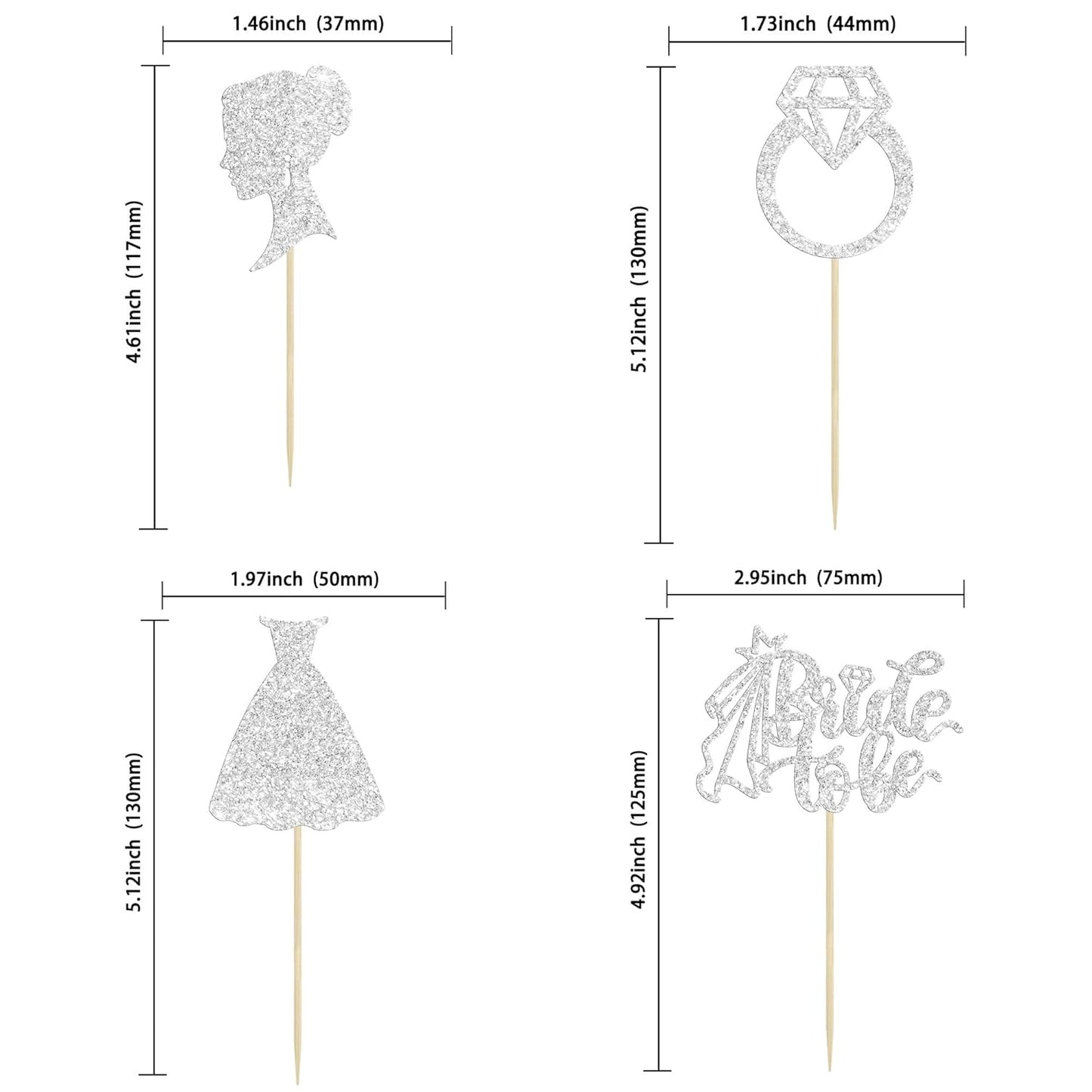 Gyufise 24 Pack Bride to Be Cupcake Toppers with Heart Ring Dress Glitter Bridal Shower Cupcake Picks Decorations for Wedding Engagement Bachelorette Party Cake Decorations Supplies Silver