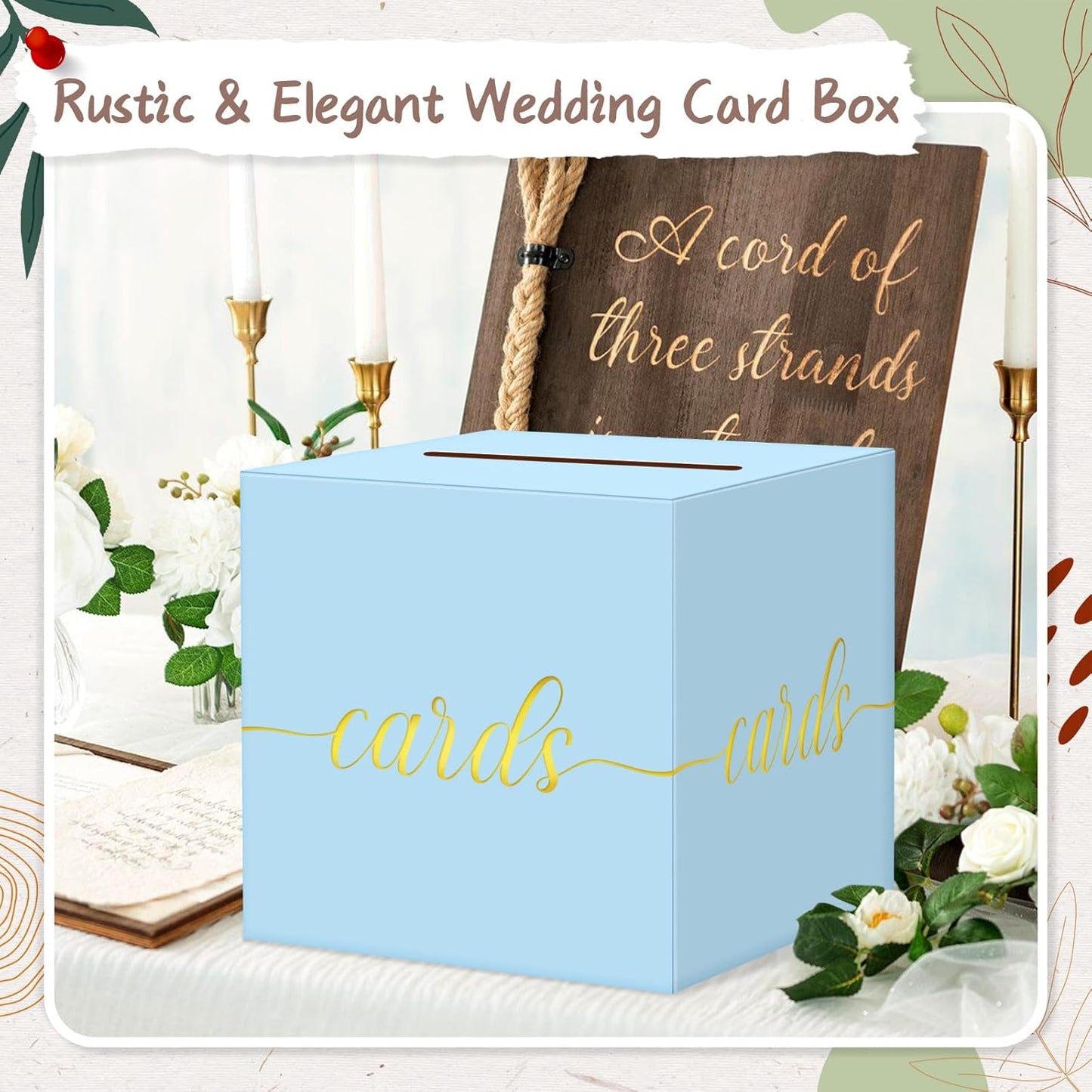QIKSION Light Blue Wedding Card Box, Gold Foil Gift Card Box for Party, Wedding Reception, Birthday, Baby Shower, Raffle, Graduation
