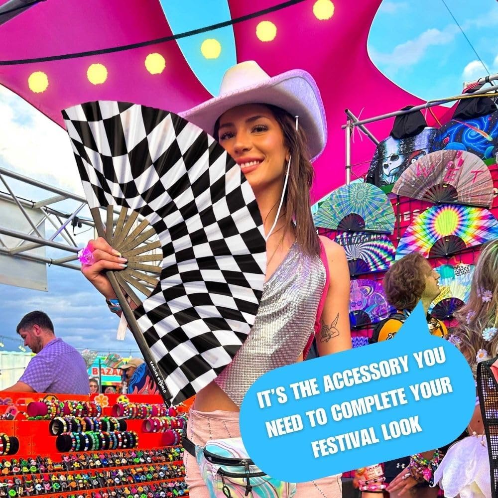 Kandies World Custom Festival Folding Hand Fan - Unique Designs, Made of Bamboo, Clacking Sound, Lightweight - Perfect Rave and Festival Accessory!