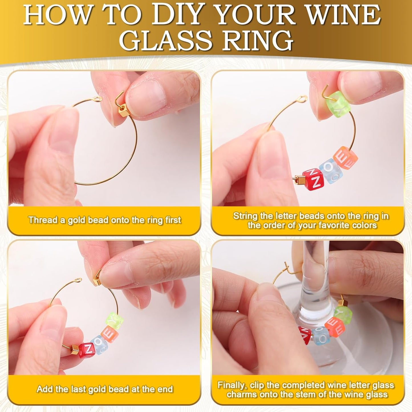 60 Sets DIY Wine Glass Charms – 780 Letter Beads 120 Gold Beads 60 Charm Rings 2 Tweezers, Drink Identifier Charms Wine Glass Marker Tags for Wedding Cocktail Bachelorette Party Decoration (Square)