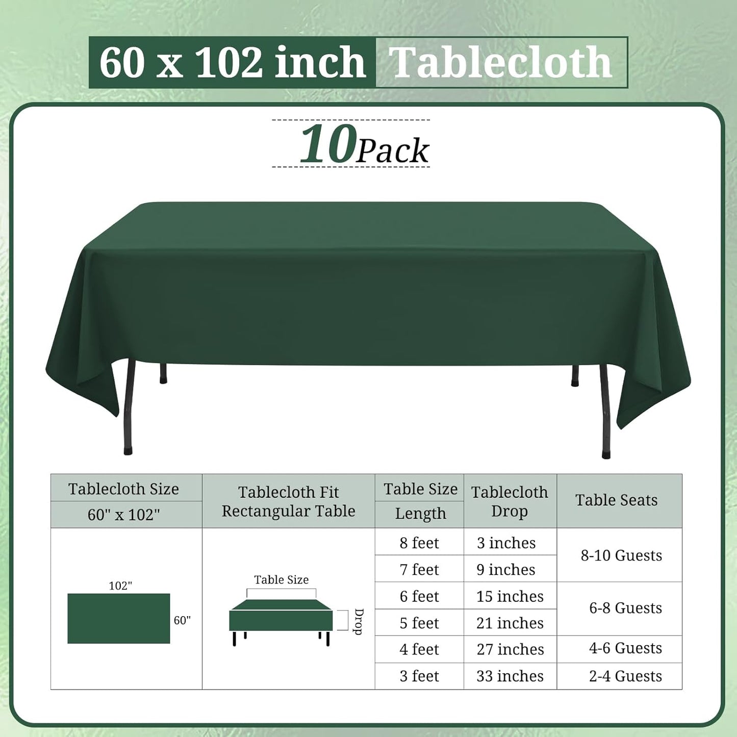 10 Pack Hunter Green Tablecloths for 6ft Rectangle Tables 60 x 102 Inch - Polyester Table Cover Stain and Wrinkle Resistant Washable Fabric Table Clothes for Wedding Party Banquet Reception Restaurant