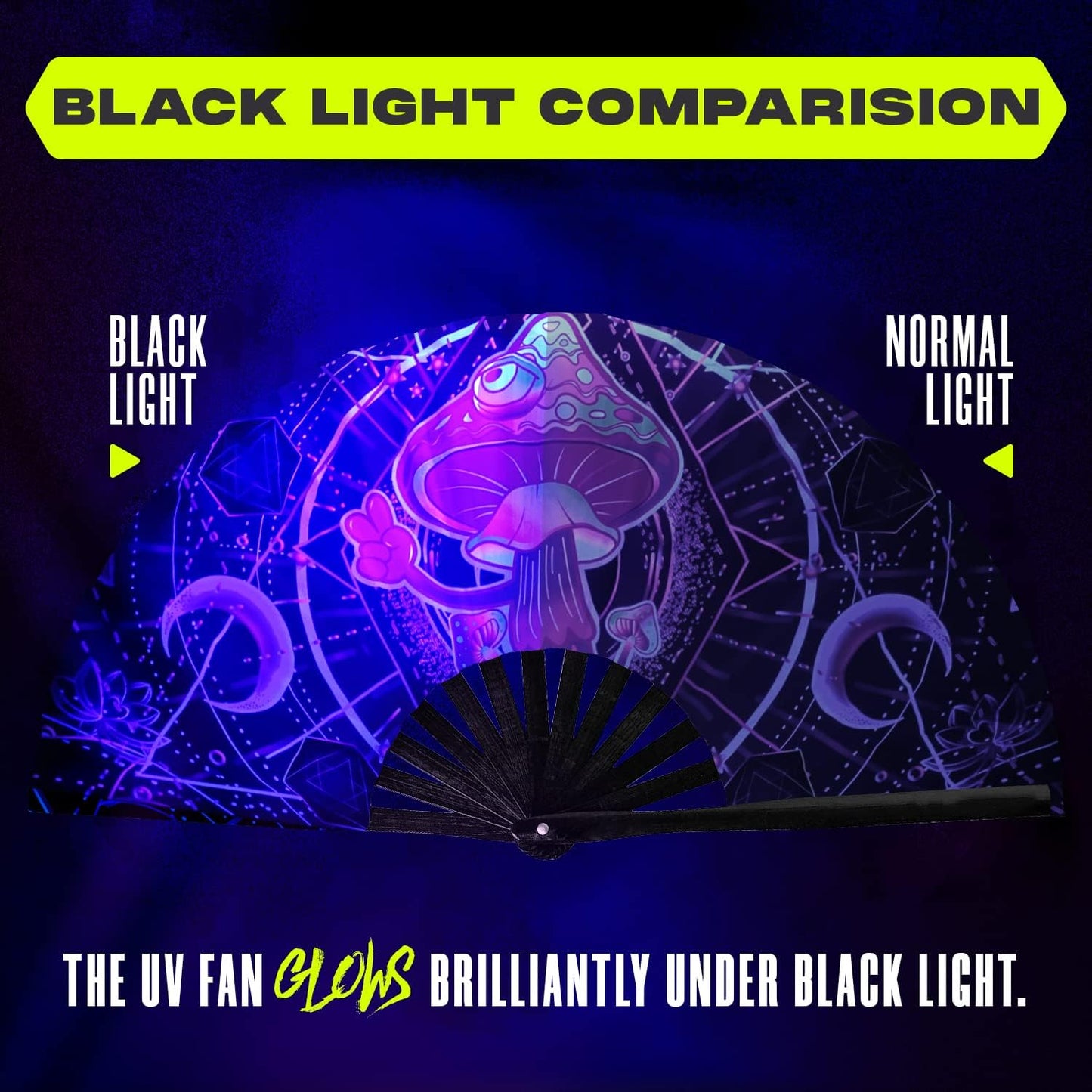 GloFX Rave Fan - UV Mushroom - Large Folding Fan - Music Festival Essential, EDM Rave Accessories, Folding Hand Fan, Clack Fan