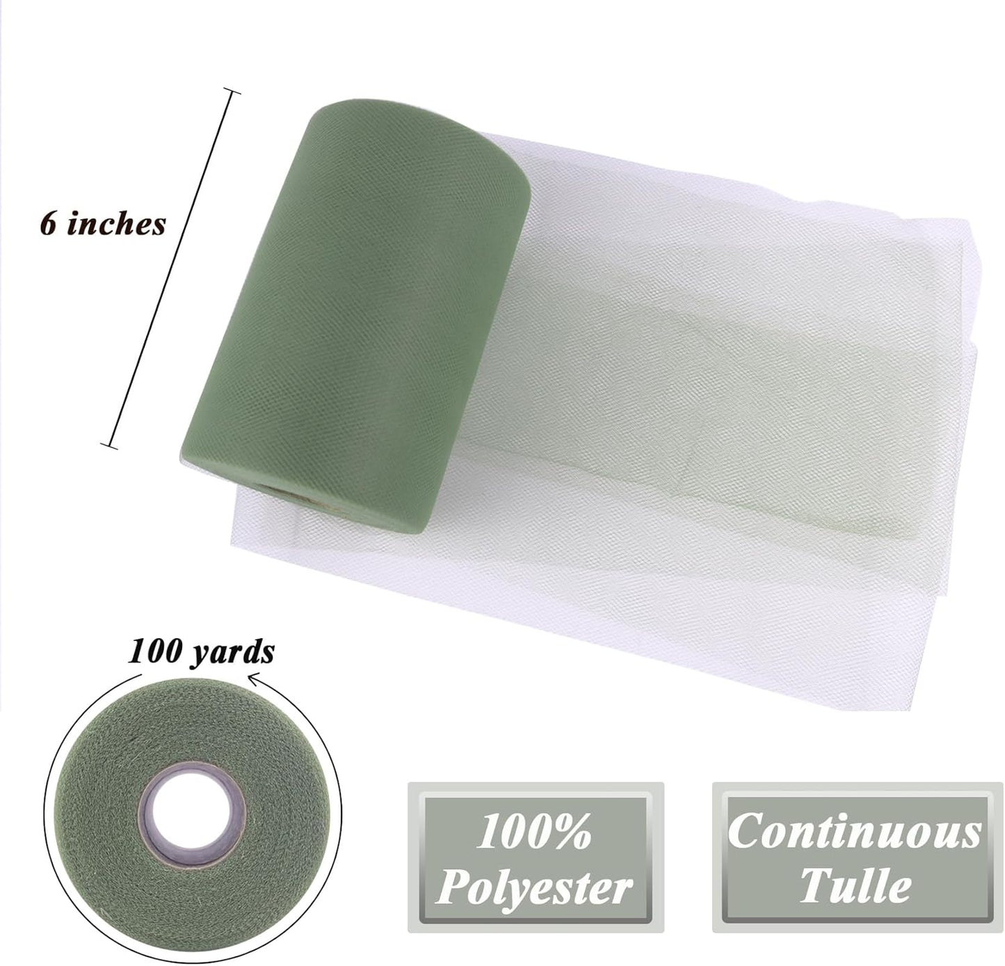 Moss Green Tulle Fabric Roll 6" by 100 Yards (300 ft) Soft Tulle Spool for DIY Crafting Favor Supplies, Tutus, Wedding, Party Decorations, Gift Wrapping