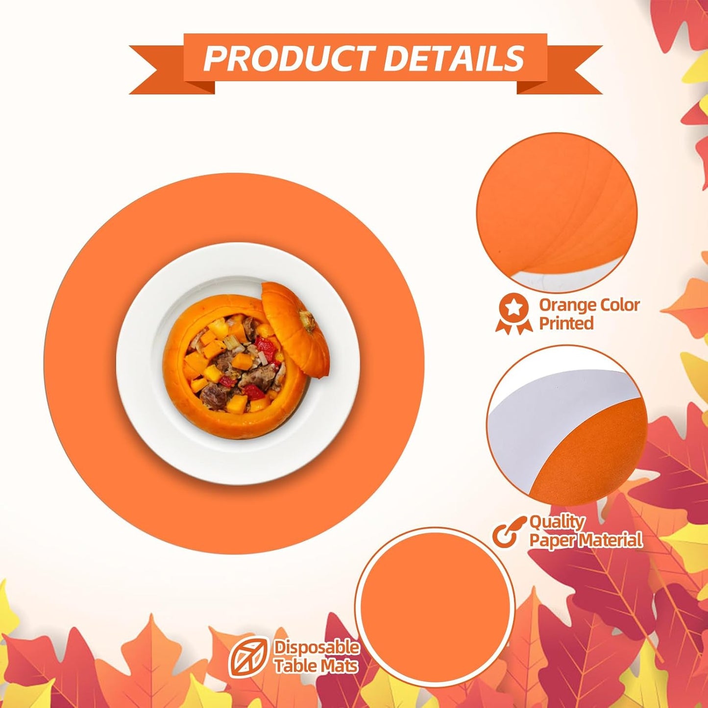 50 Pieces Orange Paper Place Mats Fall Pumpkin Spice Color Round Disposable Table Mats Thankgiving Decorative Placemats for Orange Party Supplies Home Dining Tableware Decor