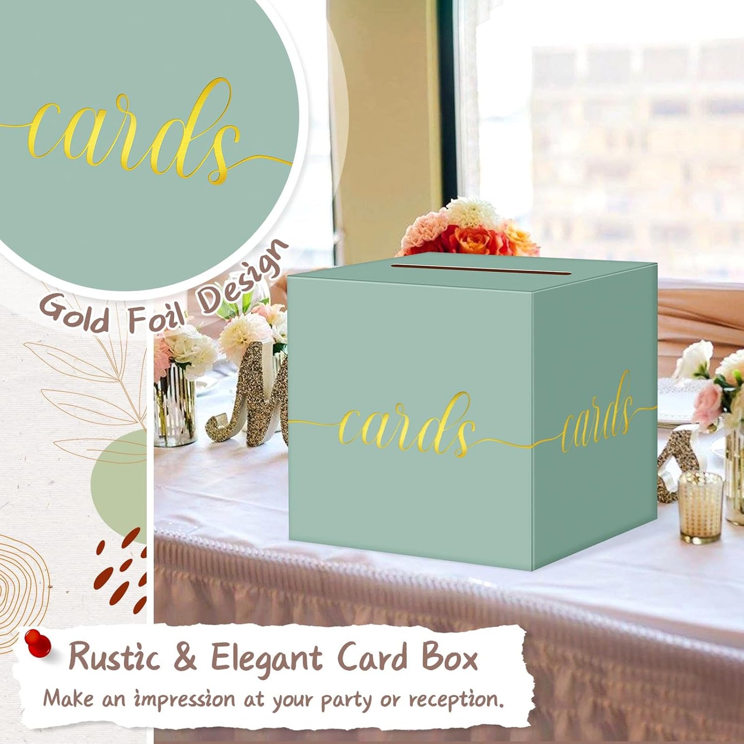 QIKSION Sage Green Wedding Card Box, Gold Foil Gift Card Box for Party, Wedding Reception, Birthday, Baby Shower, Raffle, Graduation