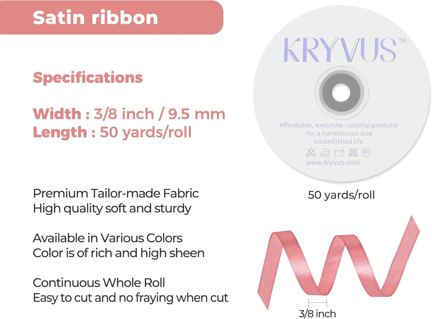 Rose Gold Satin Ribbon 3/8 inch X Continuous 50 Yards, Single Face Polyester Ribbon Perfect for Gift Wrapping, Flower Bouquet, Wedding Decor, Crafts, Bow Making, Sewing and More