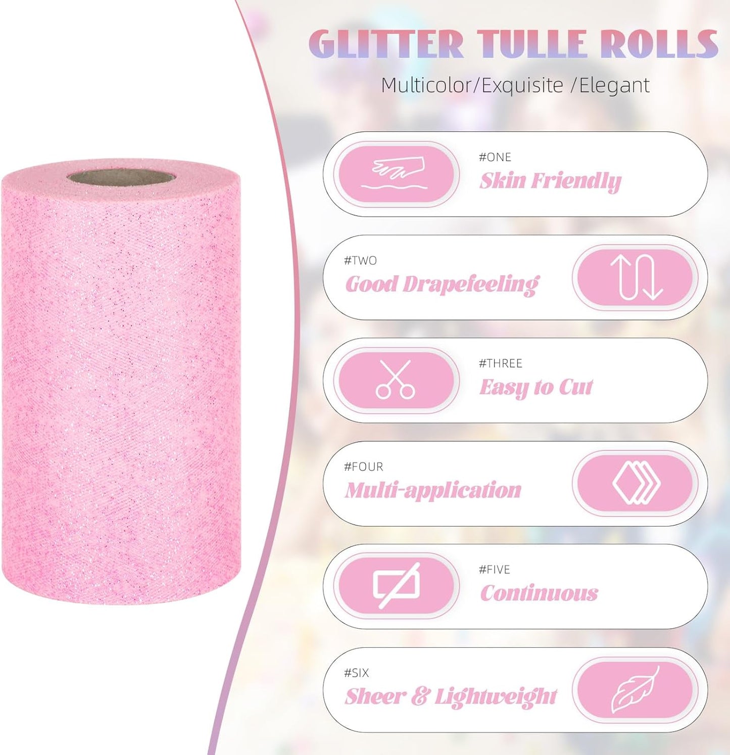 Glitter Tulle Rolls 6” by 50 Yards Sparkle Tulles Fabric Ribbon Sequin Tulle Netting Rolls for DIY Tutu Skirt Wedding Birthday Party Decoration (Light Pink-New)