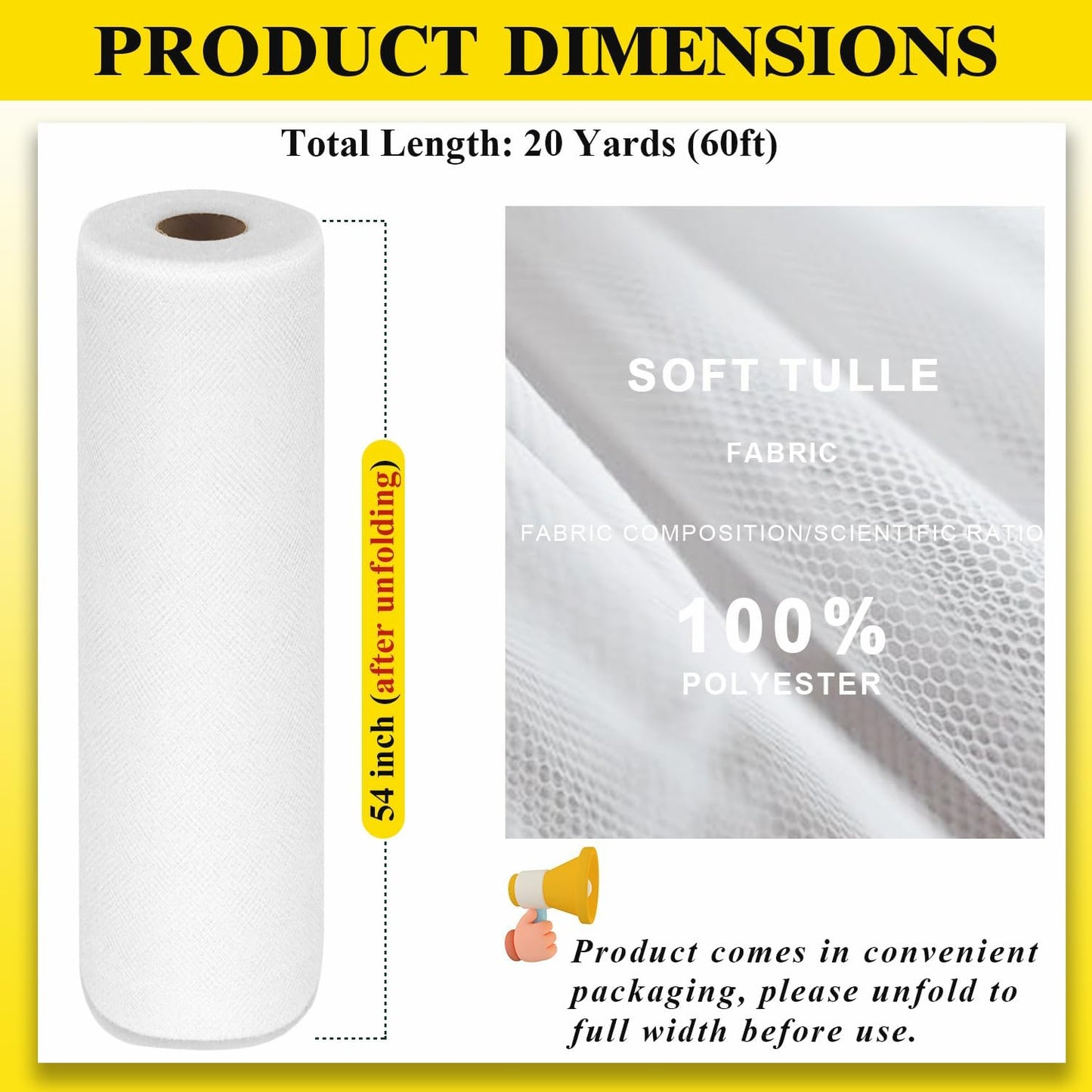 54" by 20 Yards White Tulle Fabric Rolls - Tutu Spool Bolt for DIY Wedding Decoration, Baby Shower Tutu Skirt, Gift Wrapping - Large Matte Tulle, Roll Packaging