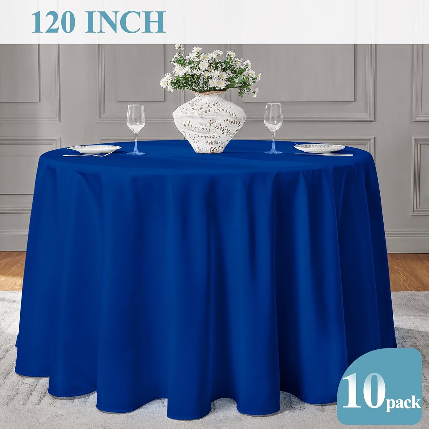 VidaFete Tablecloth 10 Pack 120inch Round Table Cloth Polyester, Stain Wrinkle Resistant Polyester Dining Table Cover for Kitchen Dinning Party Wedding Round Tabletop Buffet Decoration(Royal Blue)