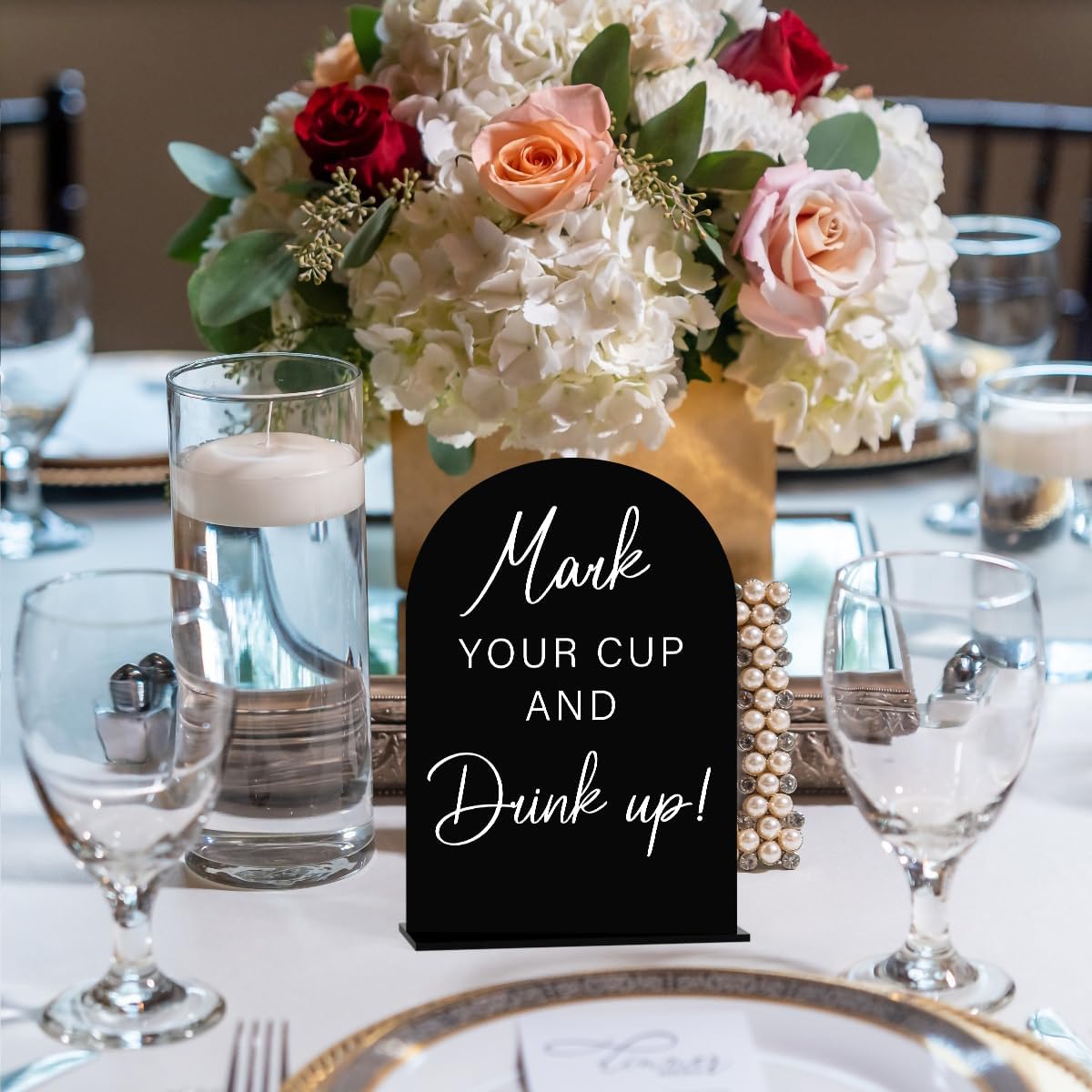 Acrylic Wedding Sign Wedding Signs for Ceremony Mark Your Cup and Drink Sign for Wedding, Modern Calligraphy Arch Acrylic Table Top Sign for Wedding Reception and Event Party Table(black）