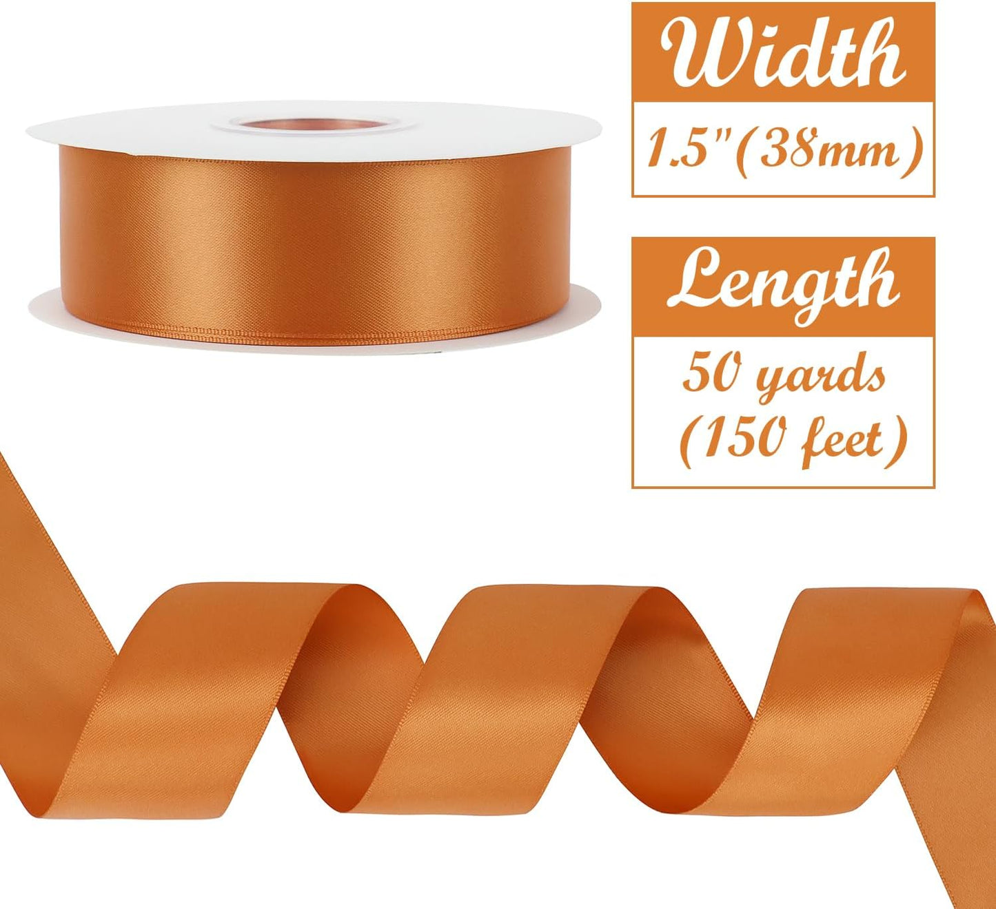 HUIHUANG Burnt Orange Ribbon 1-1/2 inch Double-Faced Satin Ribbon 50 Yards, Thick Fabric Ribbon for Flower Bouquets Gift Wrapping Crafts Bows Holiday Home Decor Wedding Bridal Shower Decoration