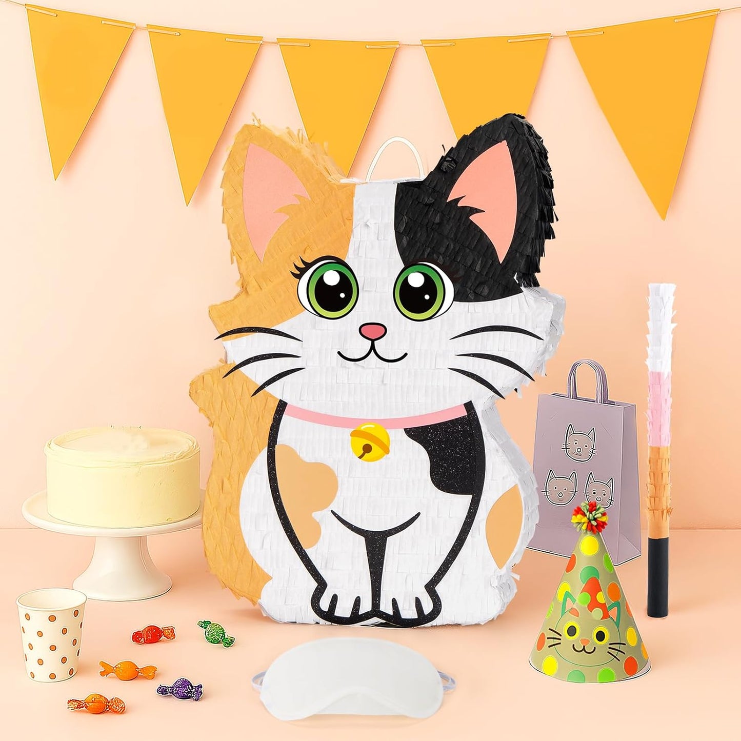 Wernnsai Kitten Cat Piñata - Cat Kitten Decorations For Kids Girls Birthday Cute Animal Party Game For Cat Lady KittenParty Supplies Favor With Bat Blindfold 16“ x 12.5" x 3"