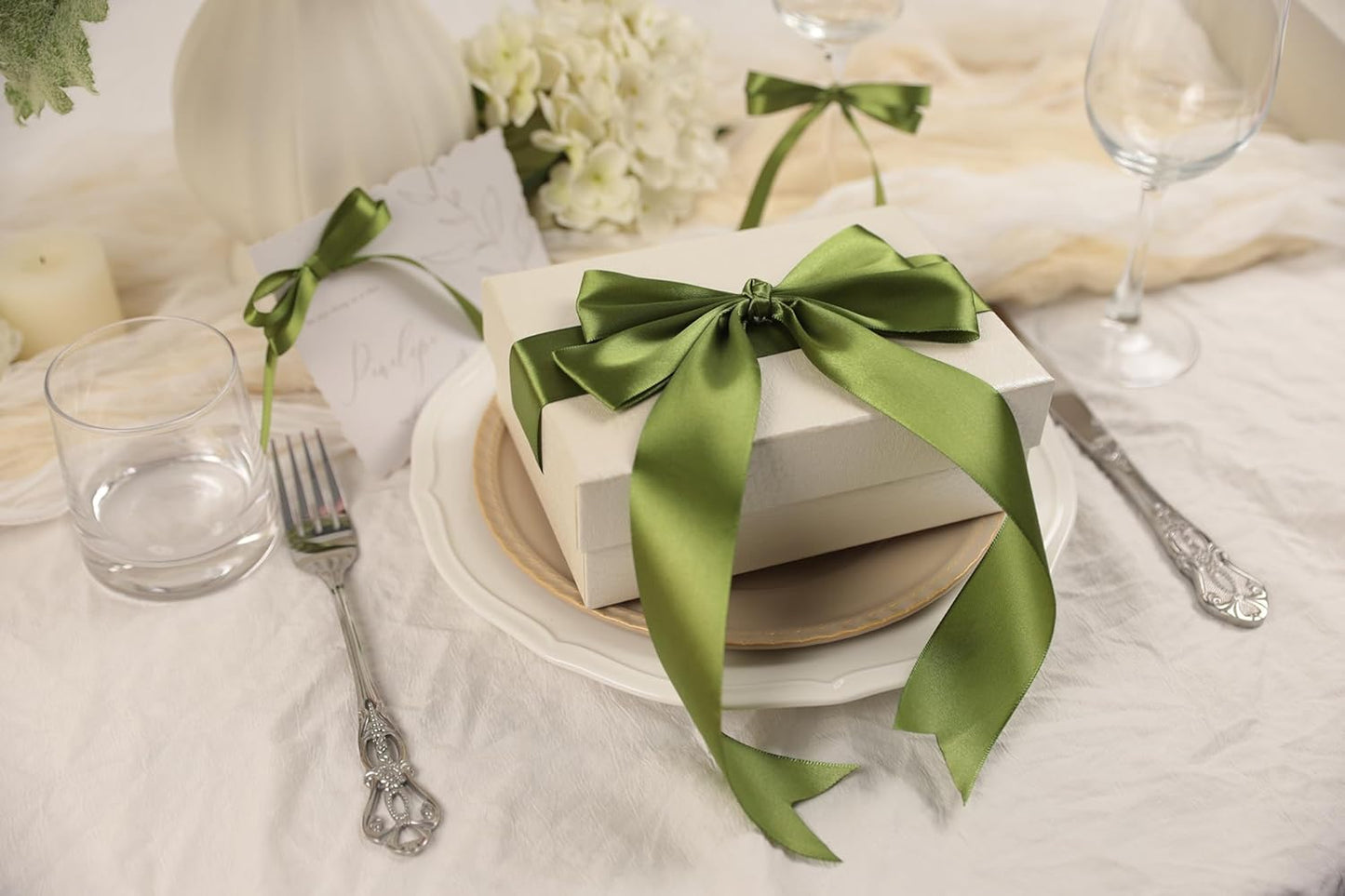 Olive Green Satin Ribbon 1-1/2 inch X Continuous 100 Yards, Single Face Polyester Ribbon Perfect for Gift Wrapping, Flower Bouquet, Wedding Decor, Crafts, Bow Making, Sewing and More