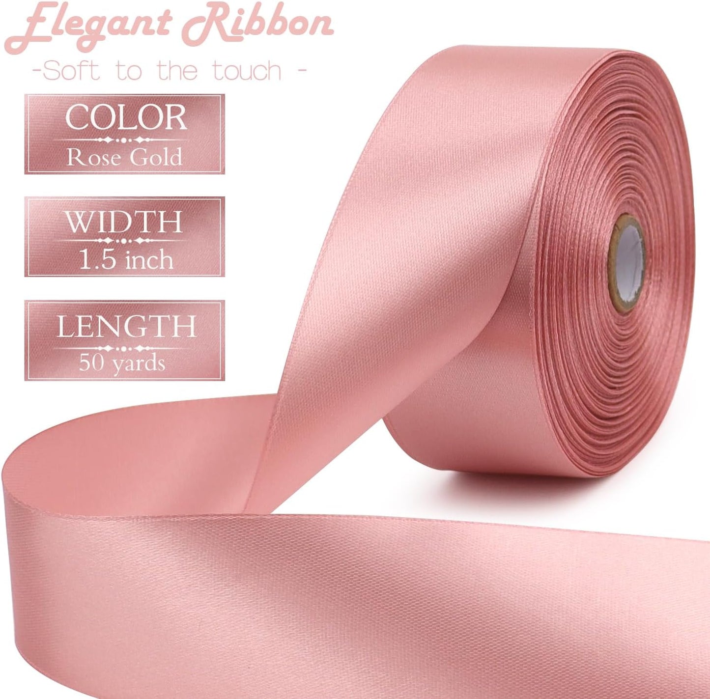 Rose Gold Solid Satin Ribbon 1-1/2 Inch 50 Yards Solid Polyester Fabric Ribbon for Gift Wrapping Wedding Christmas Baby Shower Birthday Party Decoration Handmade Immortal Flower Craft
