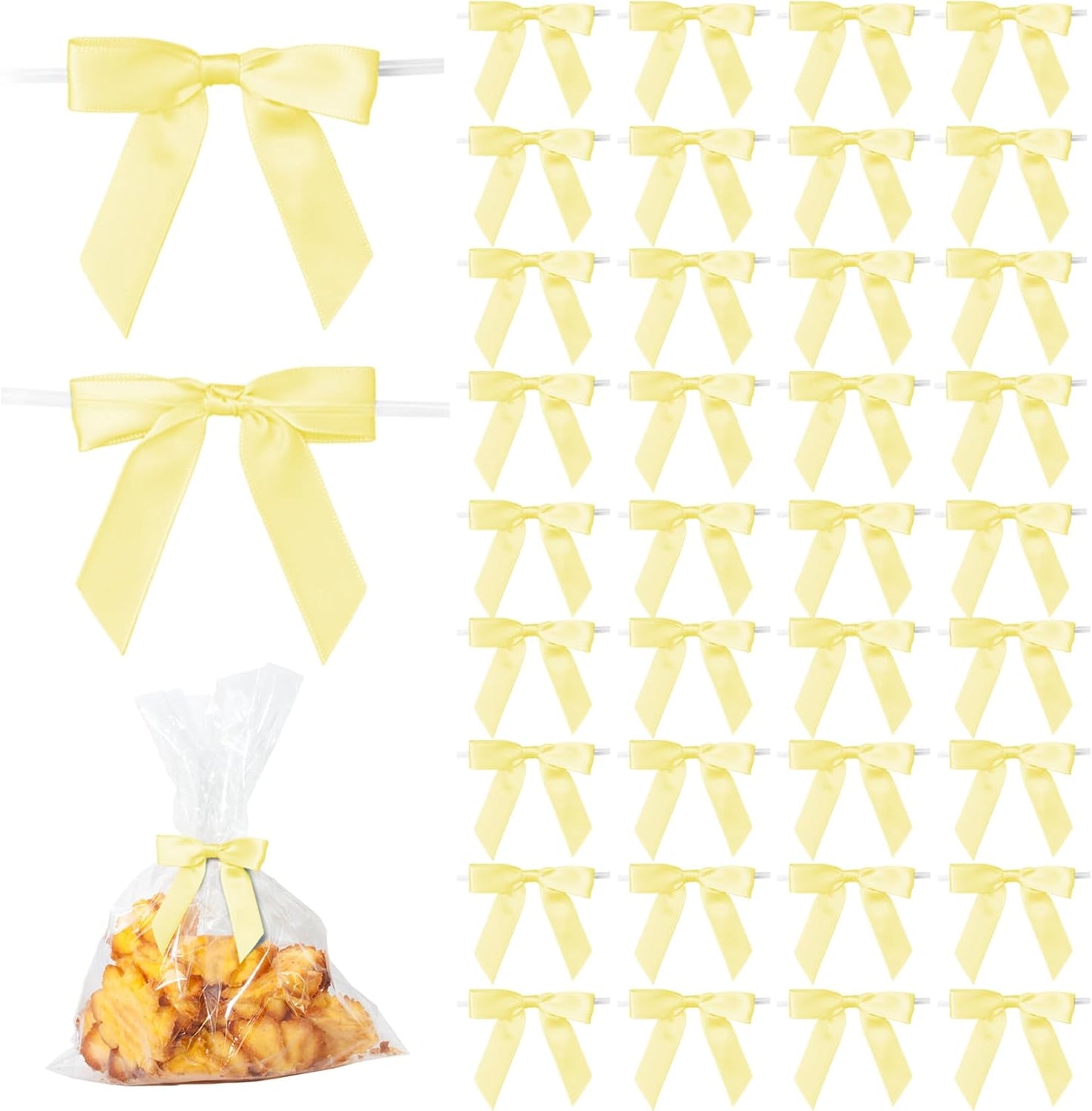 50Pcs Yellow Twist Tie Bows for Gift Wrapping 2.5" Satin Ribbon Bow for Treat Bags Cake Balloons Birthday Party Favors Wedding Decorations