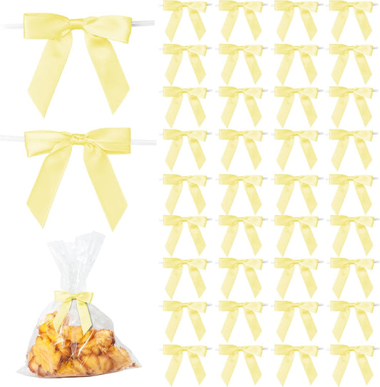 50Pcs Yellow Twist Tie Bows for Gift Wrapping 2.5" Satin Ribbon Bow for Treat Bags Cake Balloons Birthday Party Favors Wedding Decorations