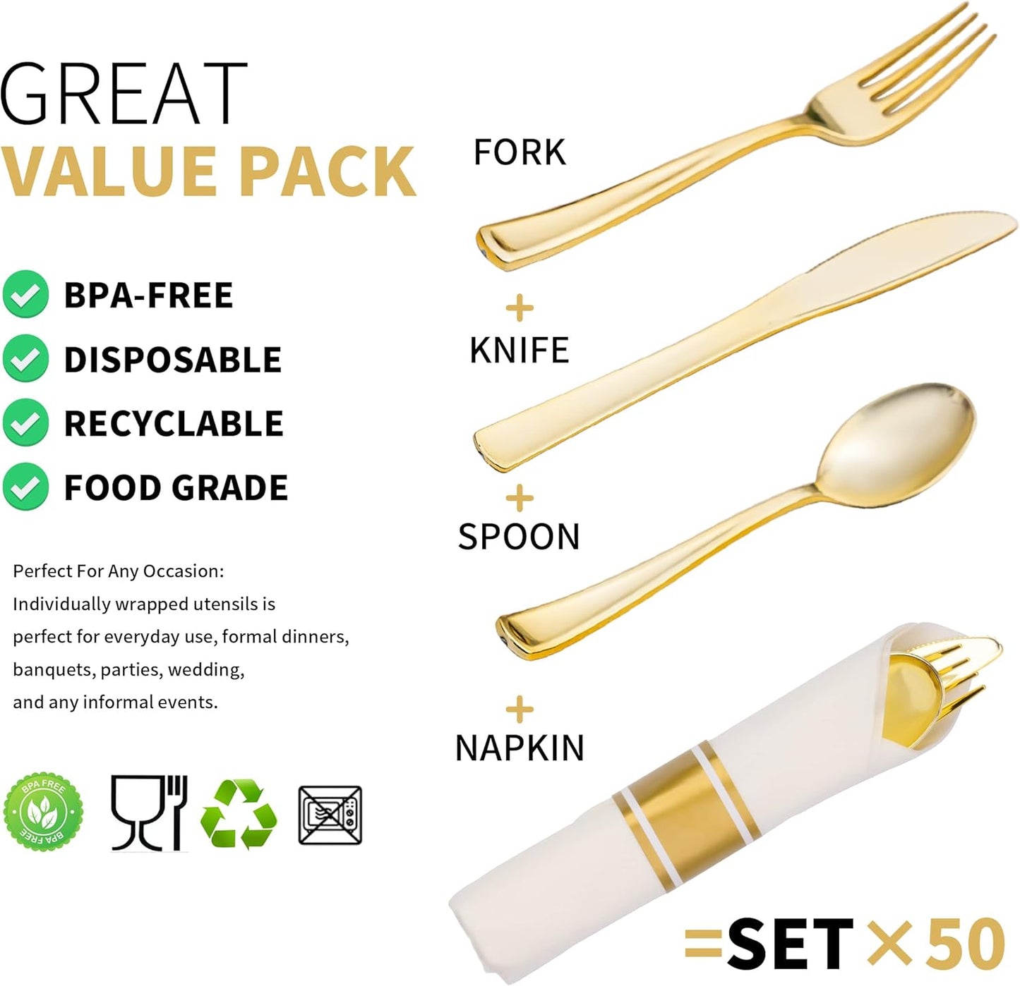 50 Pack Pre Rolled Gold Plastic Silverware Set with Napkins,Disposable Wrapped Heavy Duty Cutlery Set for Wedding Birthday Party-50 Forks,Knives,Spoons,Napkins,Utensils Set,Plasticware Bulk
