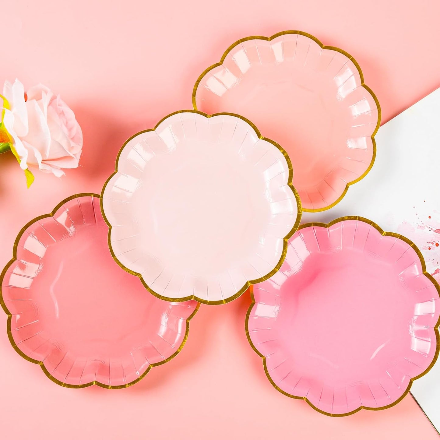 Pink Party Plates Gradient Pink Dessert Paper Plates 7inch Gold Foil Scalloped Edge Disposable Cake Plates for Tea Party Birthday Bridal Baby Shower Wedding Party Supplies (48)