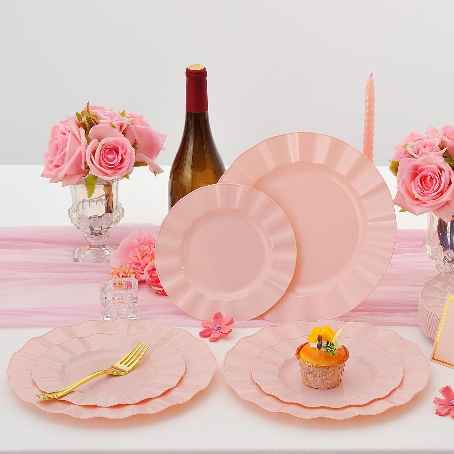60Pcs Premium Pink Plastic Plates, Fancy Nice Disposable Plate, Elegant Wedding Plates Set include 30 10" Dinner & 30 7" Dessert Plates for Party & Wedding（30Guests