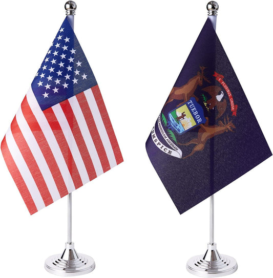 ZXvZYT 2 Pack American US Michigan flag USA Michigan MI State table flag,Small Mini United States Desk Flags With Stand Base,for U.S. States Party Events Celebration Decorations Supplies