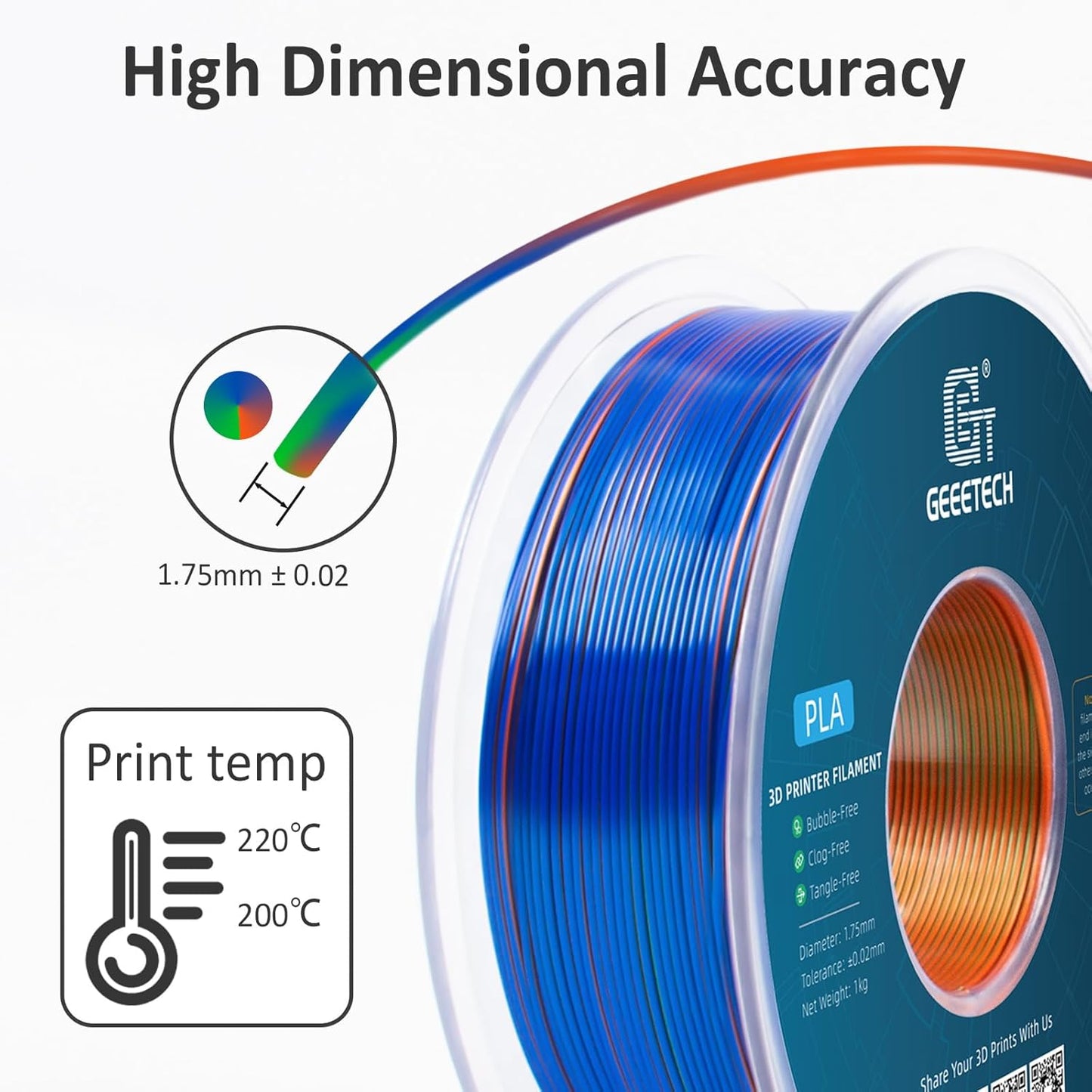 Geeetech 3D Printer Silk PLA Tri-Color Filament, Metal-Like Shiny Silk Filament 1.75mm 1kg (2.2lbs) Spool, Dimensional Accuracy +/- 0.02 mm, Tri-Color Orange Blue Green