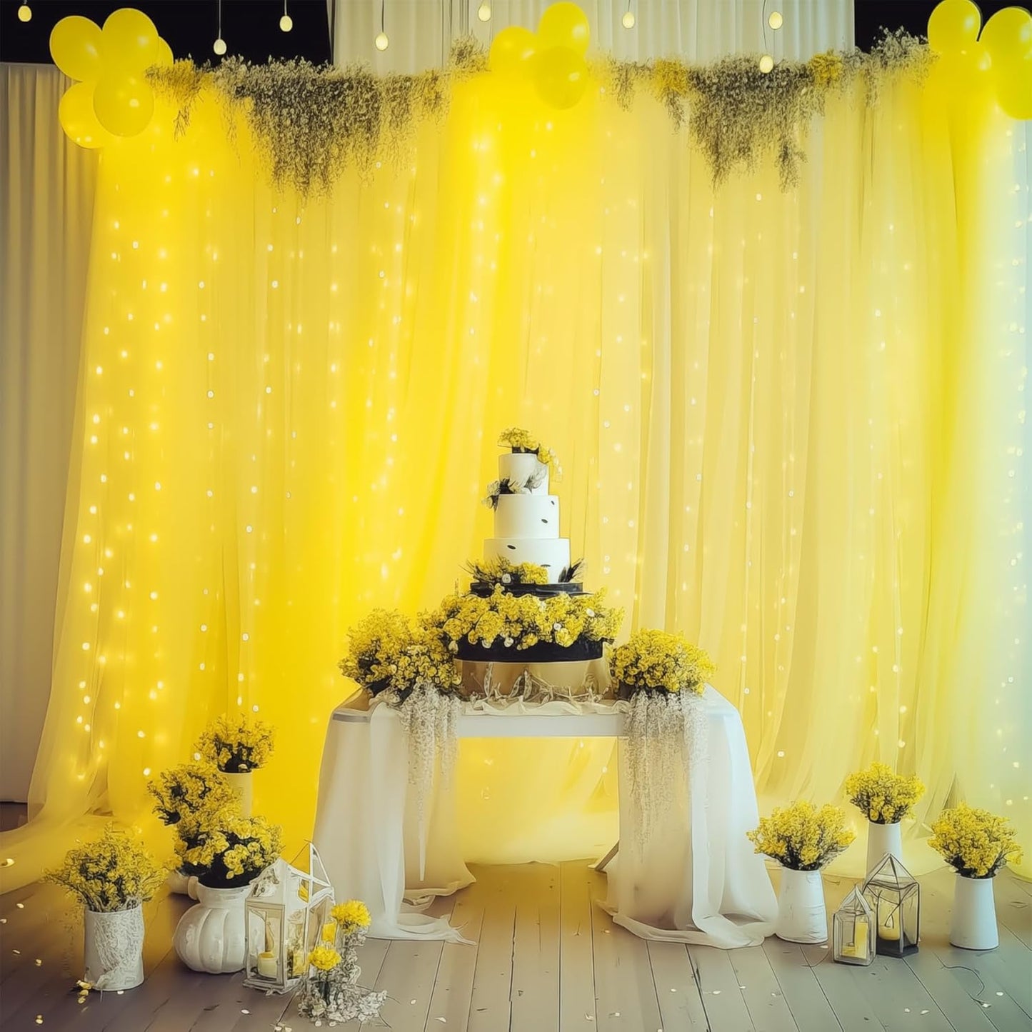 20×10ft Yellow Tulle Backdrop Curtain with Lights String for Parties, Sheer Photo Backdrop Curtains for Wedding Party Photography Background