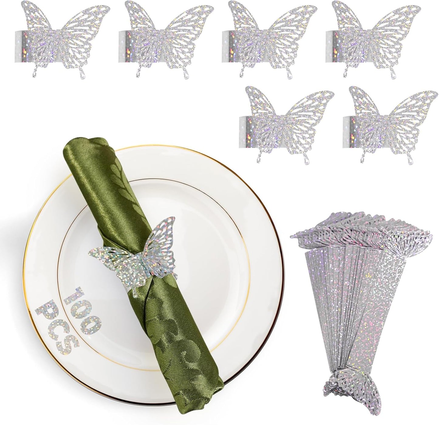 100 Pcs 3D Silver Iridescent Butterfly Napkin Rings Silverware Wraps Bands,Table Setup Sequined Wedding Valentines Day Event Party Supply Settings, Glossy Serviette Buckles Decoration(Silver)