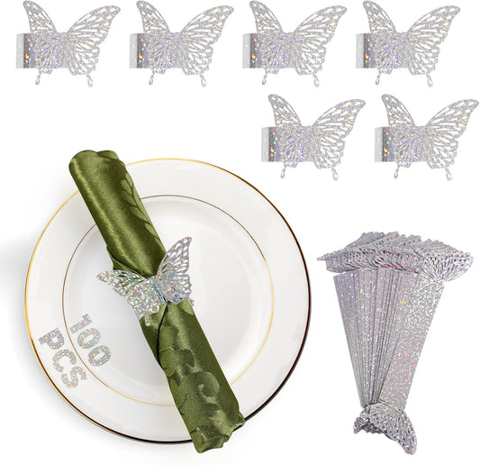 100 Pcs 3D Silver Iridescent Butterfly Napkin Rings Silverware Wraps Bands,Table Setup Sequined Wedding Valentines Day Event Party Supply Settings, Glossy Serviette Buckles Decoration(Silver)