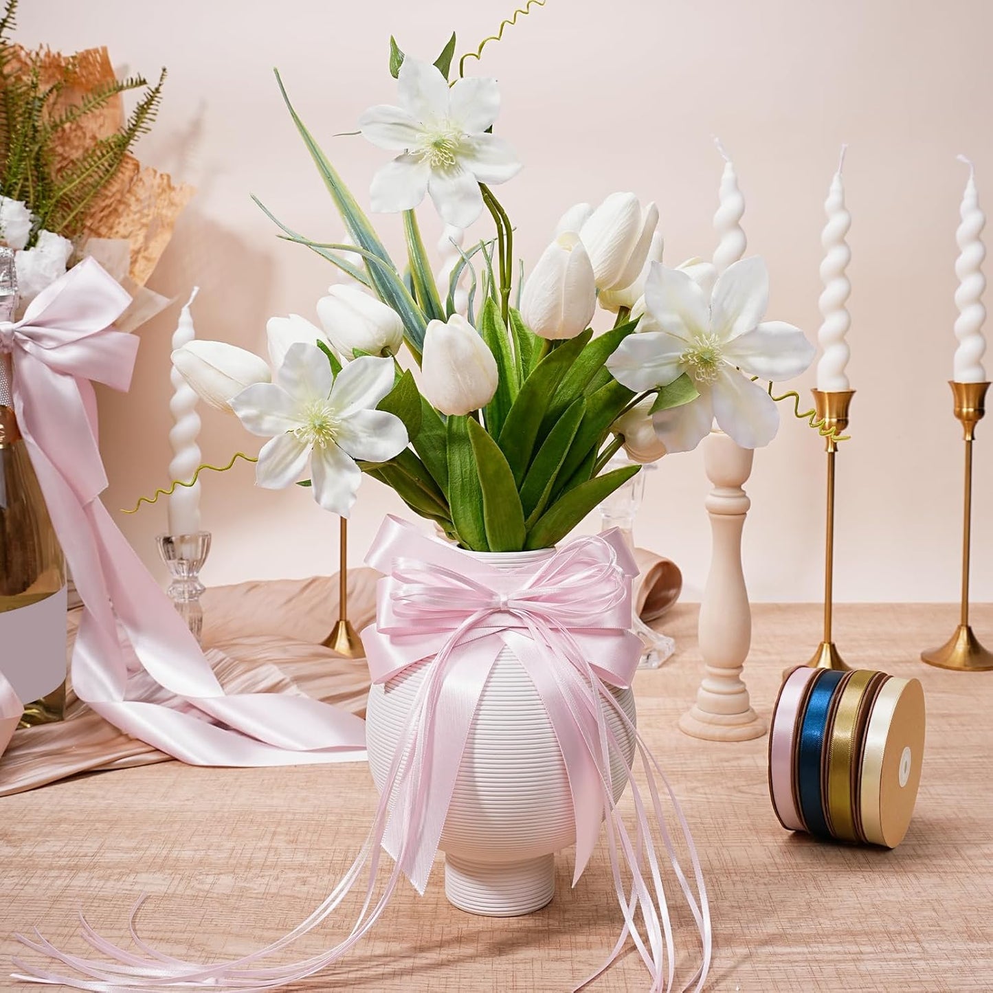 LaRibbons Light Pink Satin Ribbon 1 Inch 25 Yards Luxury Double Faced Pink Silk Ribbon for Gift Wrapping Flower Bouquet Crafts Wedding Party Babyshower Decoration